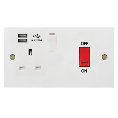 Molded White Square Profile 45A D.P. Cooker Switch   13A Switched Socket USB (2.4A)