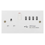 Molded White Square Profile 1G 13A Switched Socket - SP with 5.1A Quad USB Charger