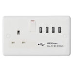 Molded White Curve Profile 1G 13A Switched Socket - SP with 5.1A Quad USB Charger