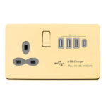 Screwless Flat Profile 1G 13A Switched Socket - SP with 5.1A Quad USB Charger