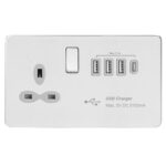 Screwless Flat Profile 1G 13A Switched Socket - SP with 5.1A Quad USB Charger