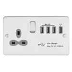 Metal Slimline 1G 13A Switched Socket - SP with 5.1A Quad USB Charger