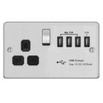 Metal Flat Profile 1G 13A Switched Socket - SP with 5.1A Quad USB Charger