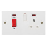 Molded White Square Profile 45A D.P. Cooker Switch   13A Switched Socket with Neon