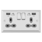 Bevel Edge Slimline 2G 13A Switched Socket-SP with 2.4A Dual USB Charger and Charging indicator