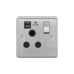 Metal Curve Profile 1G 15A Switched Socket-SP with 2.4A Dual USB Charger