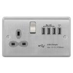 Metal Curve Slimline 1G 13A Switched Socket - SP with 5.1A Quad USB Charger