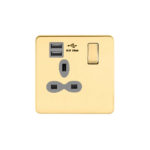 Screwless Flat Profile 1G 13A Switched Socket-SP with 2.4A Dual USB Charger