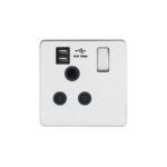 Screwless Flat Profile 1G 15A Switched Socket-SP with 2.4A Dual USB Charger