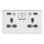 Screwless Flat Profile 2G 13A Switched Socket-DP with 2.4A Dual USB Charger