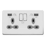 Screwless Flat Profile 2G 13A Switched Socket-SP with 2.4A Dual USB Charger and Charging indicator