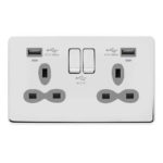 Screwless Flat Profile 2G 13A Switched Socket-DP with 2.4A Dual USB Charger and Charging indicator
