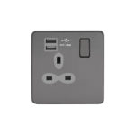 Screwless Flat Profile 1G 13A Switched Socket-SP with 2.4A Dual USB Charger