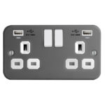 Metal Clad Range 2G 13A Switched Socket-DP with USB Charger(2.4A) and Charging indicator