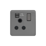 Screwless Curve Profile 1G 15A Switched Socket-SP with 2.4A Dual USB Charger