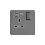 Screwless Curve Slimline 1G 13A Switched Socket-SP with 2.4A Dual USB Charger