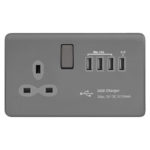 Screwless Curve Slimline 1G 13A Switched Socket - SP with 5.1A Quad USB Charger