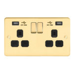 Metal Flat Profile 2G 13A Switched Socket-SP with 2.4A Dual USB Charger and Charging indicator