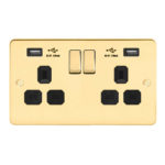 Metal Flat Profile 2G 13A Switched Socket-DP with 2.4A Dual USB Charger and Charging indicator