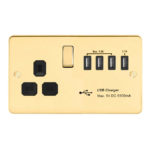 Metal Flat Profile 1G 13A Switched Socket - SP with 5.1A Quad USB Charger