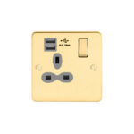 Metal Slimline 1G 13A Switched Socket-SP with 2.4A Dual USB Charger