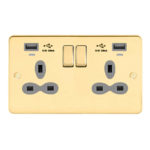 Metal Slimline 2G 13A Switched Socket-SP with 2.4A Dual USB Charger and Charging indicator