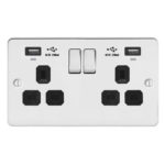 Metal Flat Profile 2G 13A Switched Socket-SP with 2.4A Dual USB Charger and Charging indicator