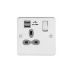 Metal Slimline 1G 13A Switched Socket-SP with 2.4A Dual USB Charger