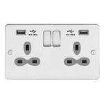 Metal Slimline 2G 13A Switched Socket-SP with 2.4A Dual USB Charger