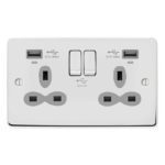 Metal Slimline 2G 13A Switched Socket-SP with 2.4A Dual USB Charger and Charging indicator