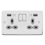 Metal Slimline 2G 13A Switched Socket-DP with 2.4A Dual USB Charger and Charging indicator