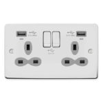 Metal Slimline 2G 13A Switched Socket-DP with 2.4A Dual USB Charger and Charging indicator