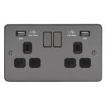 Metal Flat Profile 2G 13A Switched Socket-SP with 2.4A Dual USB Charger and Charging indicator