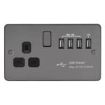 Metal Flat Profile 1G 13A Switched Socket - SP with 5.1A Quad USB Charger