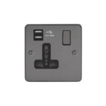 Metal Flat Profile 1G Universal Switched Socket - SP Dual with USB Charger(2.4A)