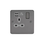 Metal Slimline 1G 13A Switched Socket-SP with 2.4A Dual USB Charger