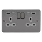 Metal Slimline 2G 13A Switched Socket-SP with 2.4A Dual USB Charger