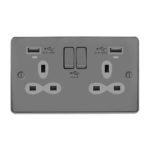 Metal Slimline 2G 13A Switched Socket-SP with 2.4A Dual USB Charger and Charging indicator