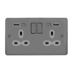 Metal Slimline 2G 13A Switched Socket-DP with 2.4A Dual USB Charger and Charging indicator