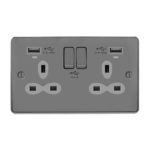 Metal Slimline 2G 13A Switched Socket-DP with 2.4A Dual USB Charger and Charging indicator