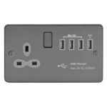 Metal Slimline 1G 13A Switched Socket - SP with 5.1A Quad USB Charger