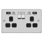 Metal Flat Profile 2G 13A Switched Socket-DP with 2.4A Dual USB Charger and Charging indicator