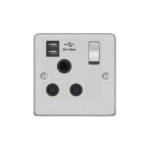 Metal Flat Profile 1G 15A Switched Socket-SP with 2.4A Dual USB Charger