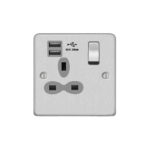 Metal Slimline 1G 13A Switched Socket-SP with 2.4A Dual USB Charger