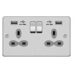 Metal Slimline 2G 13A Switched Socket-SP with 2.4A Dual USB Charger