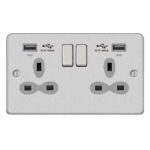 Metal Slimline 2G 13A Switched Socket-SP with 2.4A Dual USB Charger and Charging indicator