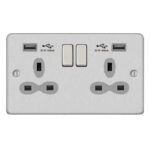 Metal Slimline 2G 13A Switched Socket-DP with 2.4A Dual USB Charger and Charging indicator