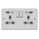 Metal Slimline 2G 13A Switched Socket-DP with 2.4A Dual USB Charger and Charging indicator