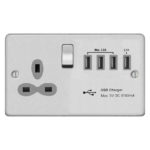 Metal Slimline 1G 13A Switched Socket - SP with 5.1A Quad USB Charger