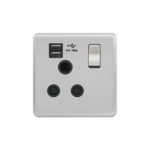 Screwless Curve Profile 1G 15A Switched Socket-SP with 2.4A Dual USB Charger